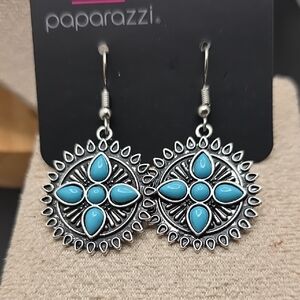 Paparazzi Turquoise and Silver Floral Earrings (1738)